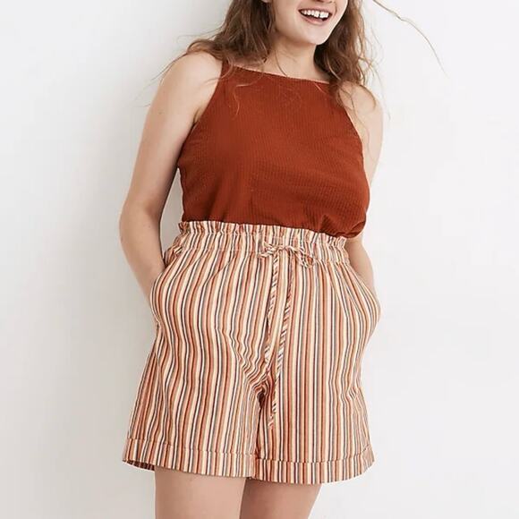 Madewell pull on drawstring mid-length paper bag shorts in rainbow stripe - Picture 1 of 10